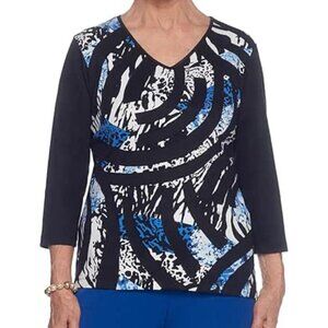 ALFRED DUNNER Black White Blue Cheetah Leopard Animal 3D Stripe 3/4 Sleeve Top L